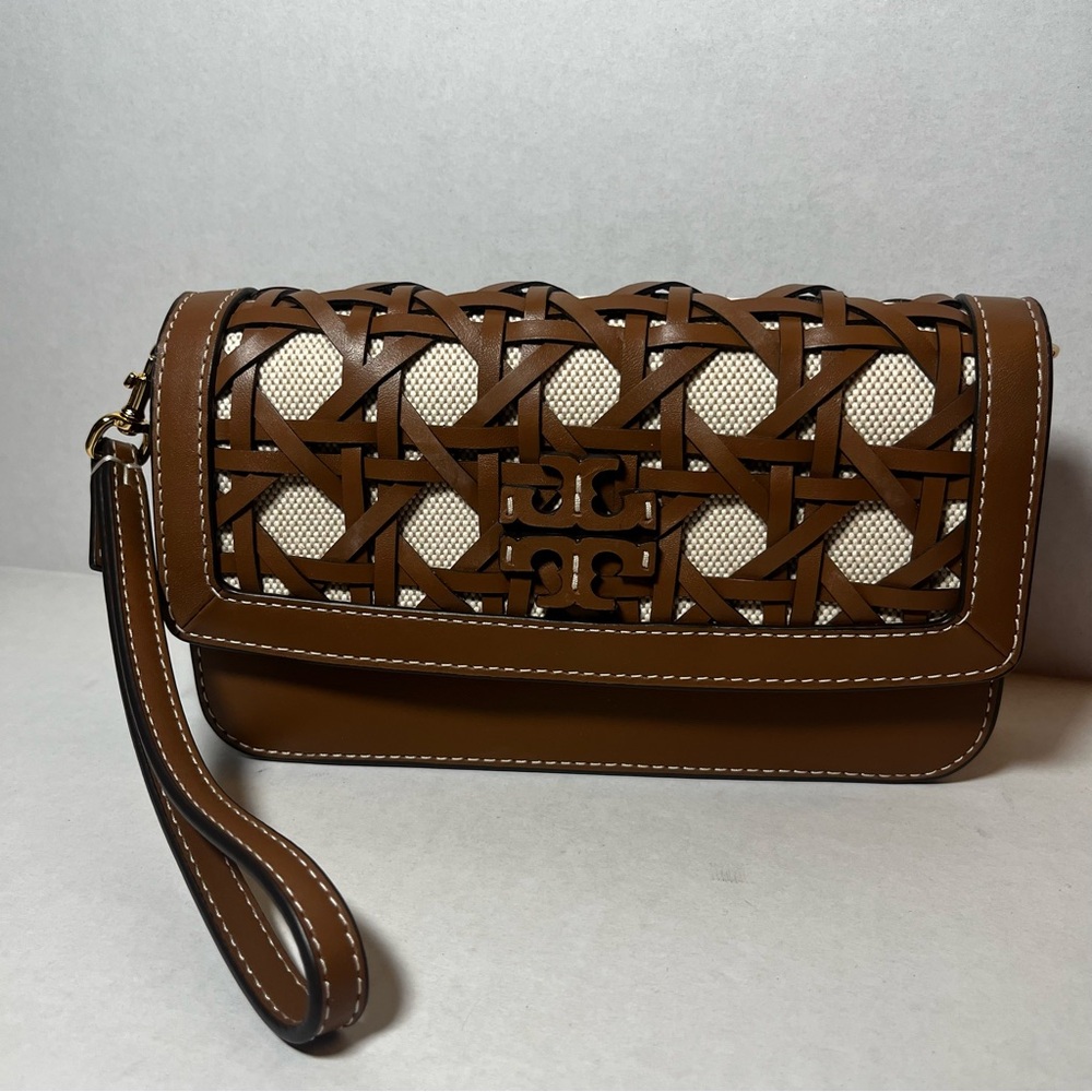 Tory Burch Britten Basketweave Wristlet in Moose Leather Suede